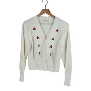Belle Poque Embroidered Floral V‑Neck Button Cardigan White Red Green Knit Sz XL